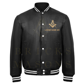 Master Mason Blue Lodge Jacket - Black Leather With Customizable Gold Embroidery