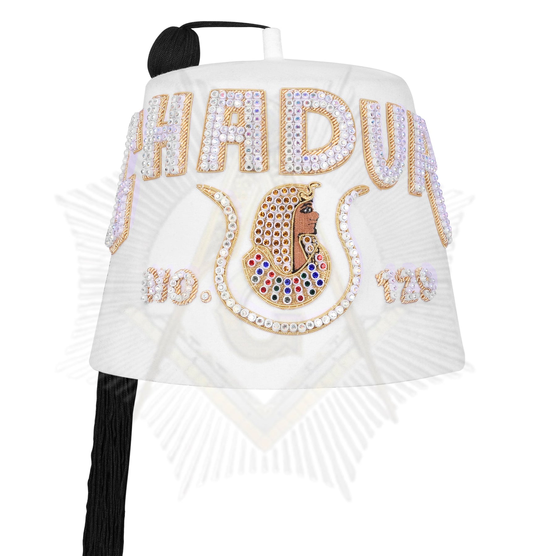 DOI Fez Hat - Pure White & Gold With Rhinestones (3 Rows as pictured) - Bricks Masons