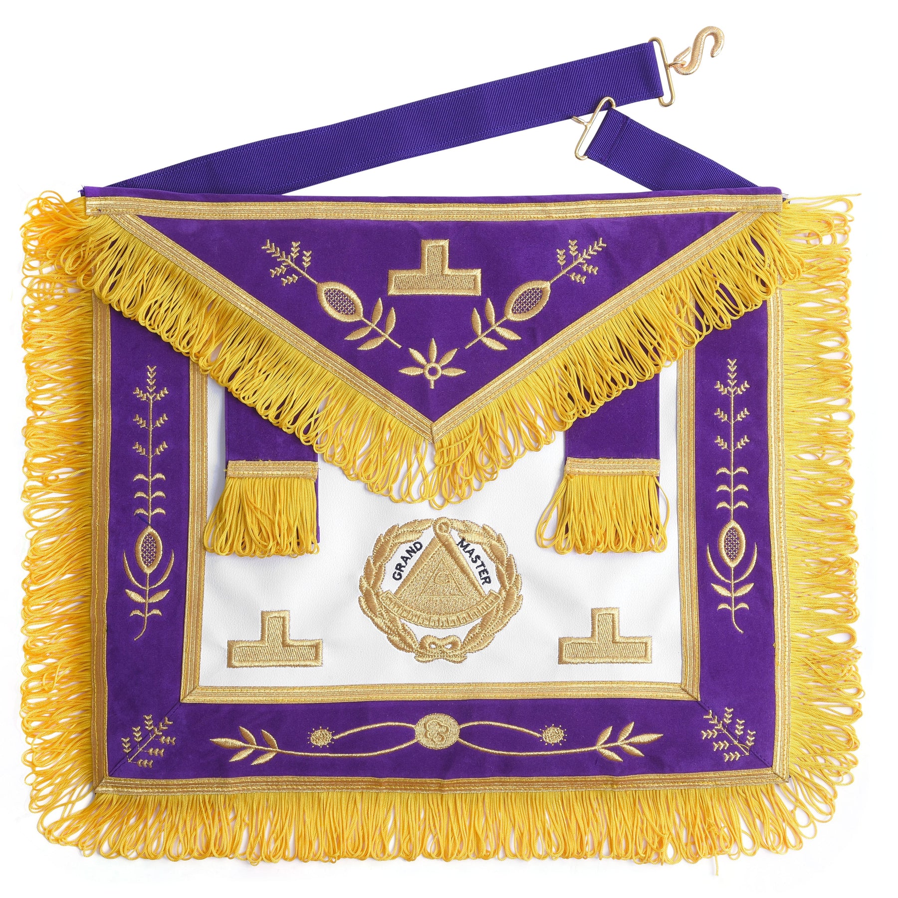 Grand Master Blue Lodge Apron - Purple With Gold Emblem With Wreath - Bricks Masons