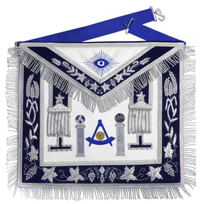 Past Master Blue Lodge California Regulation Apron - Blue & Silver Hand Embroidery Bullion With Pillars - Bricks Masons