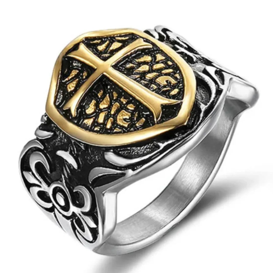 Knights Templar Commandery Ring - Cross Shield Titanium Steel 316L - Bricks Masons