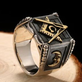 Master Mason Blue Lodge Ring - Silver Sun Moon geometric - Bricks Masons