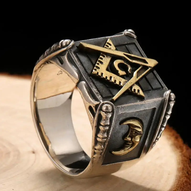 Master Mason Blue Lodge Ring - Silver Sun Moon geometric - Bricks Masons