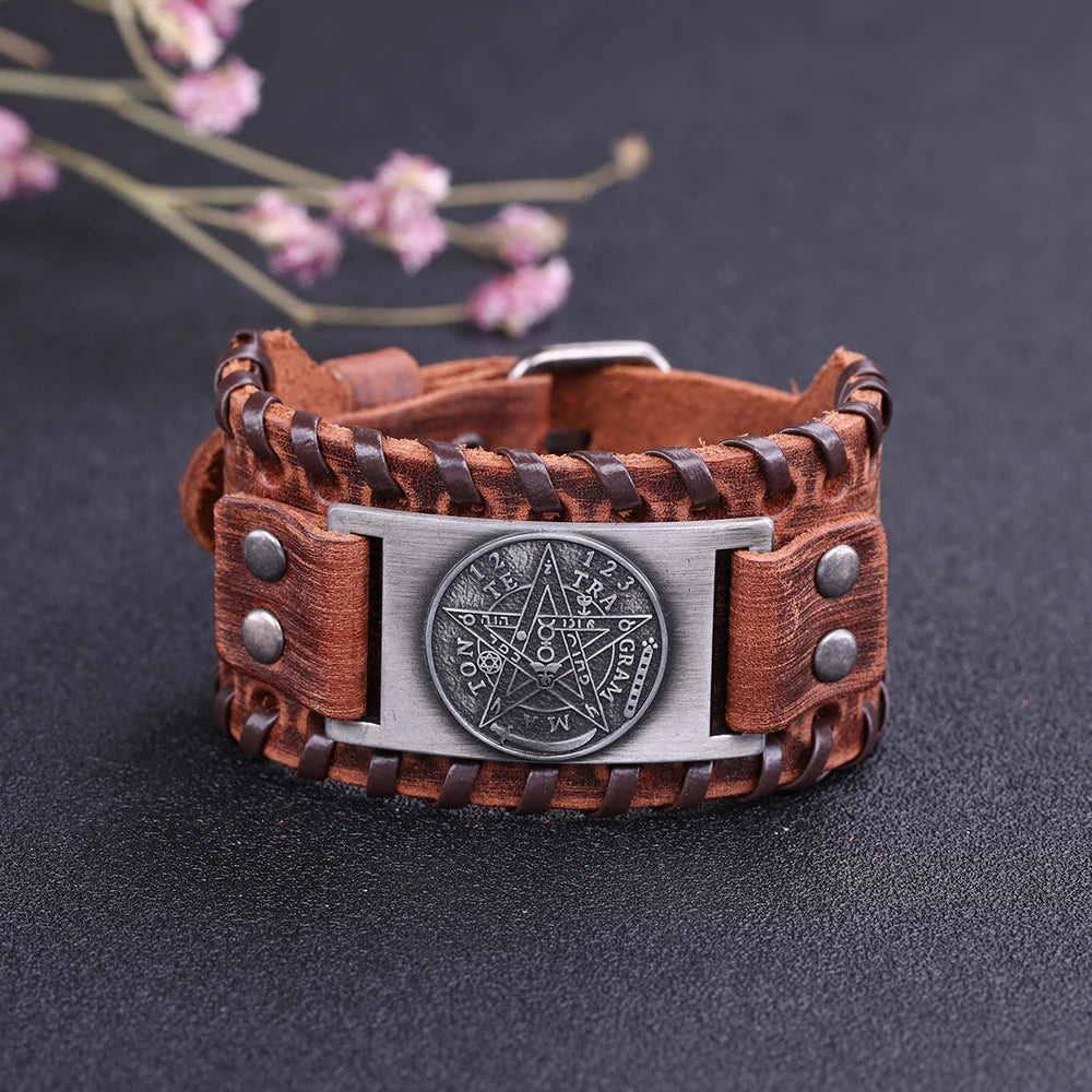 Ancient Israel Bracelet - Tetragrammaton Pentagram Pentacle  Leather Adjustable Bangle - Bricks Masons