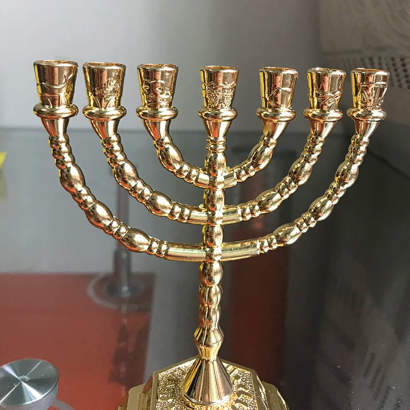 Ancient Israel Jewish Menorah 12 Tribes of Israel Candle Holder - Jerusalem Temple Menorah 7 Branches Candelabra Hanukkah (Gold, 4.9 Inches) - Bricks Masons