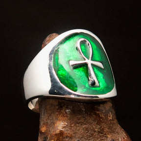 Ancient Egypt Ring - Green Sterling Silver Ankh