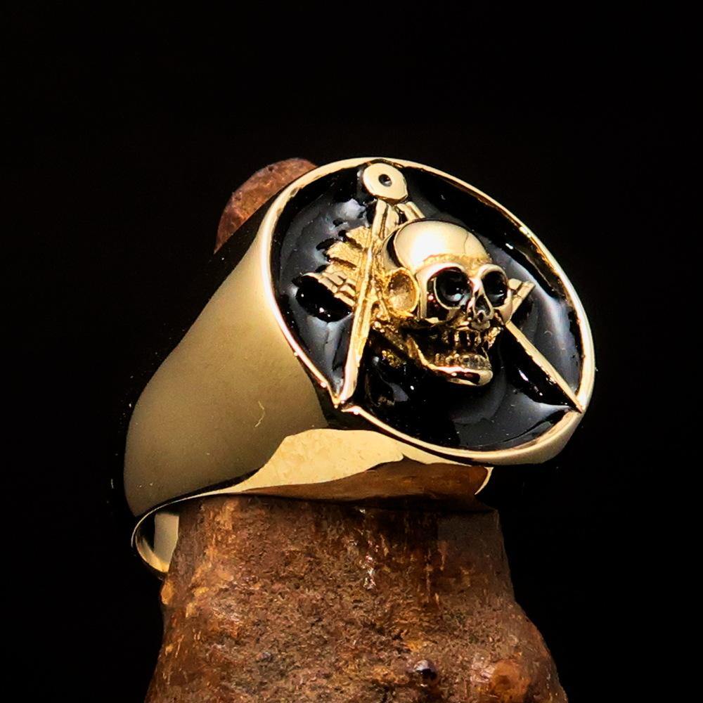 Master Mason Blue Lodge Ring - Gold & Black Solid Brass With Skull Square Compass