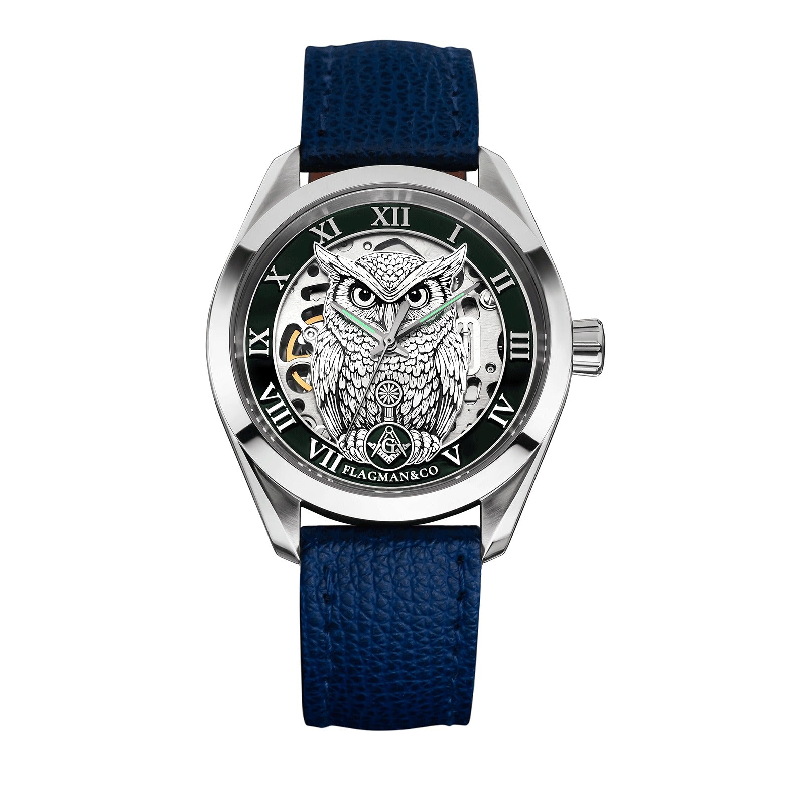 Master Mason Blue Lodge Wristwatch - Green Bezel Square & Compass G with Owl