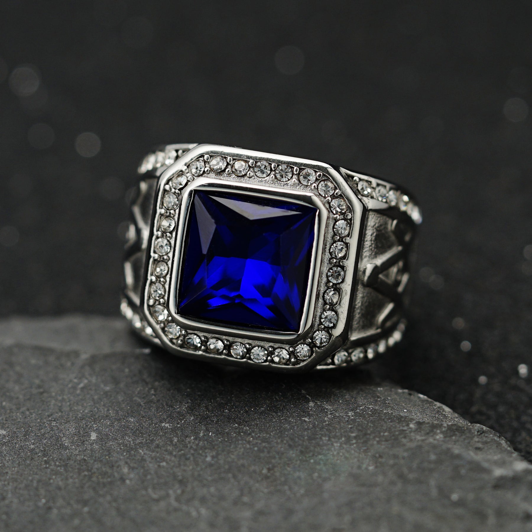 Master Mason Blue Lodge Ring - Silver Stainless Steel With Blue Gemstone - Bricks Masons