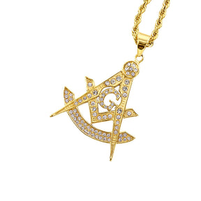 Past Master Blue Lodge Necklace - Quadrant & Square Gold Metal with rhinestones