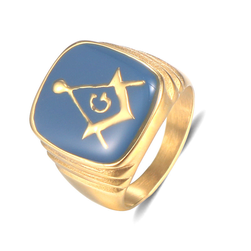 Master Mason Blue Lodge Ring - Gold & Blue Stainless Steel Square and Compass G - Bricks Masons