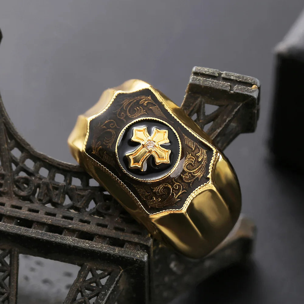 Knights Templar Commandery Ring - Yellow Gold Black Cross - Bricks Masons