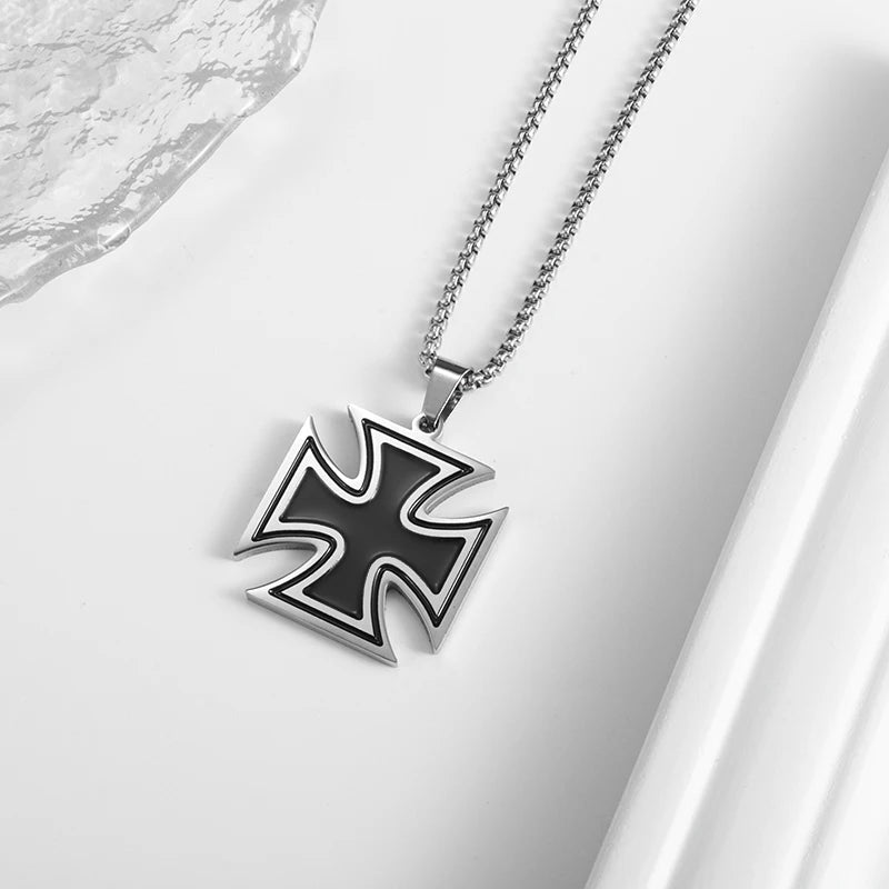 Knights Templar Commandery Necklace - Black & Silver Stainless Steel Cross