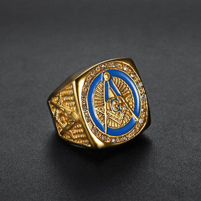 Master Mason Blue Lodge Ring - Square and Compass G Rhinestone