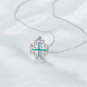 Knights Templar Commandery Necklace - Jerusalem Cross Green Opal Sterling Silver - Bricks Masons