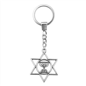 Ancient Israel Keychain - Antique Silver Color 39x32mm Menorah Star Of David - Bricks Masons