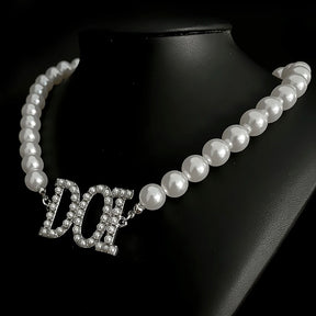 PHA DOI Necklace -  White & Silver With Letter Pearls - Bricks Masons