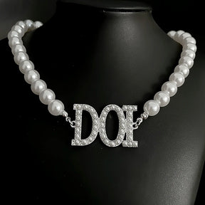 PHA DOI Necklace -  White & Silver With Letter Pearls - Bricks Masons