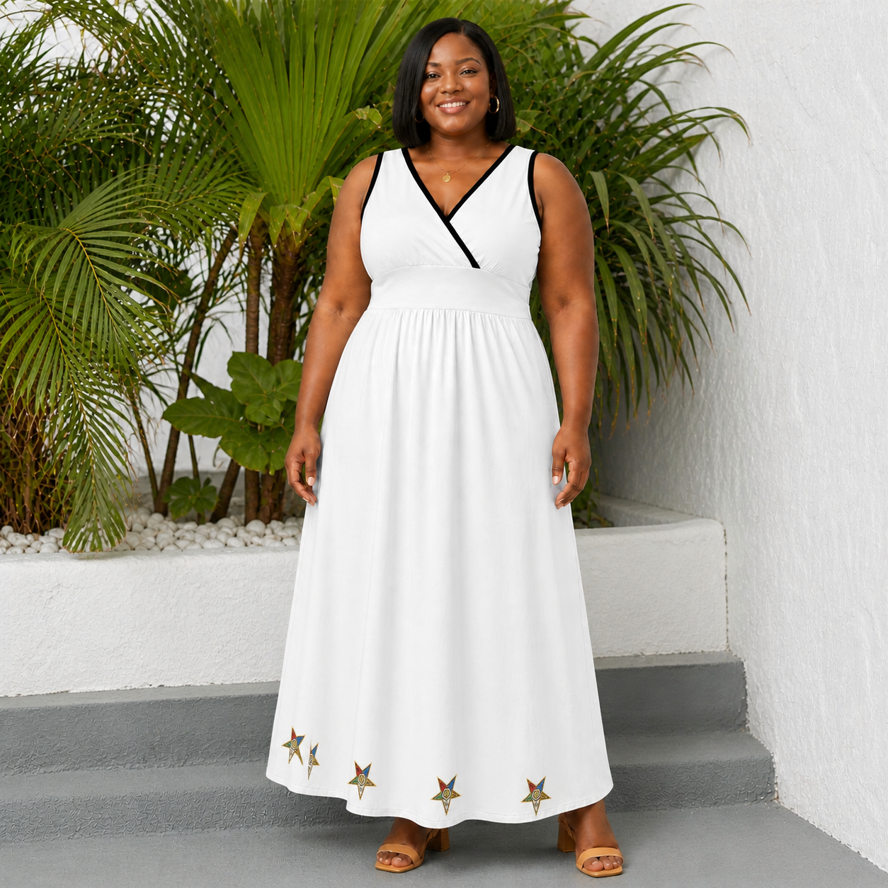 OES Dress - Sleeveless with Eastern Star Emblems Pattern - Bricks Masons