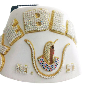 DOI Fez Hat - Pure White Hand Embroidered with Gold Bullion Underlay - Bricks Masons