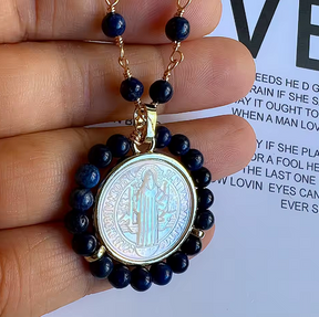 Knights Templar Necklace - Saint Benedict Natural Lapis Beads - Bricks Masons