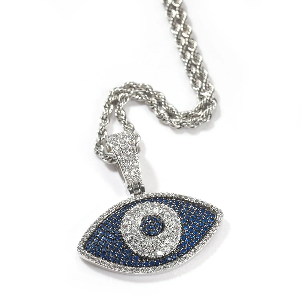 Eye Of Providence Necklaces - Uwin Blue Eyes Pendant Evil Iced Out Blue White Cubic Zirconia - Bricks Masons