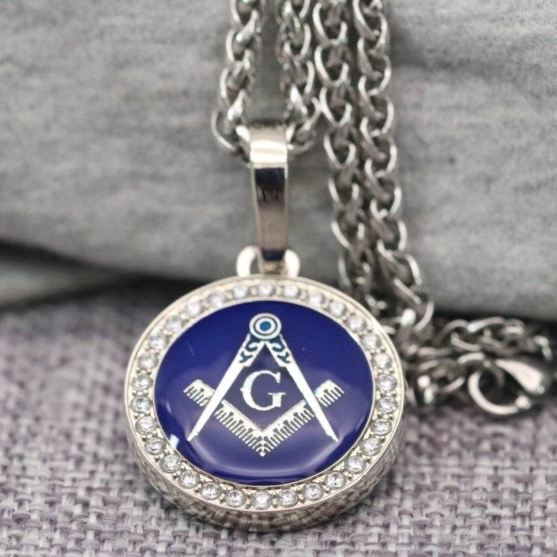 Master Mason Blue Lodge Necklace - White Gold Plated With Blue - Bricks Masons