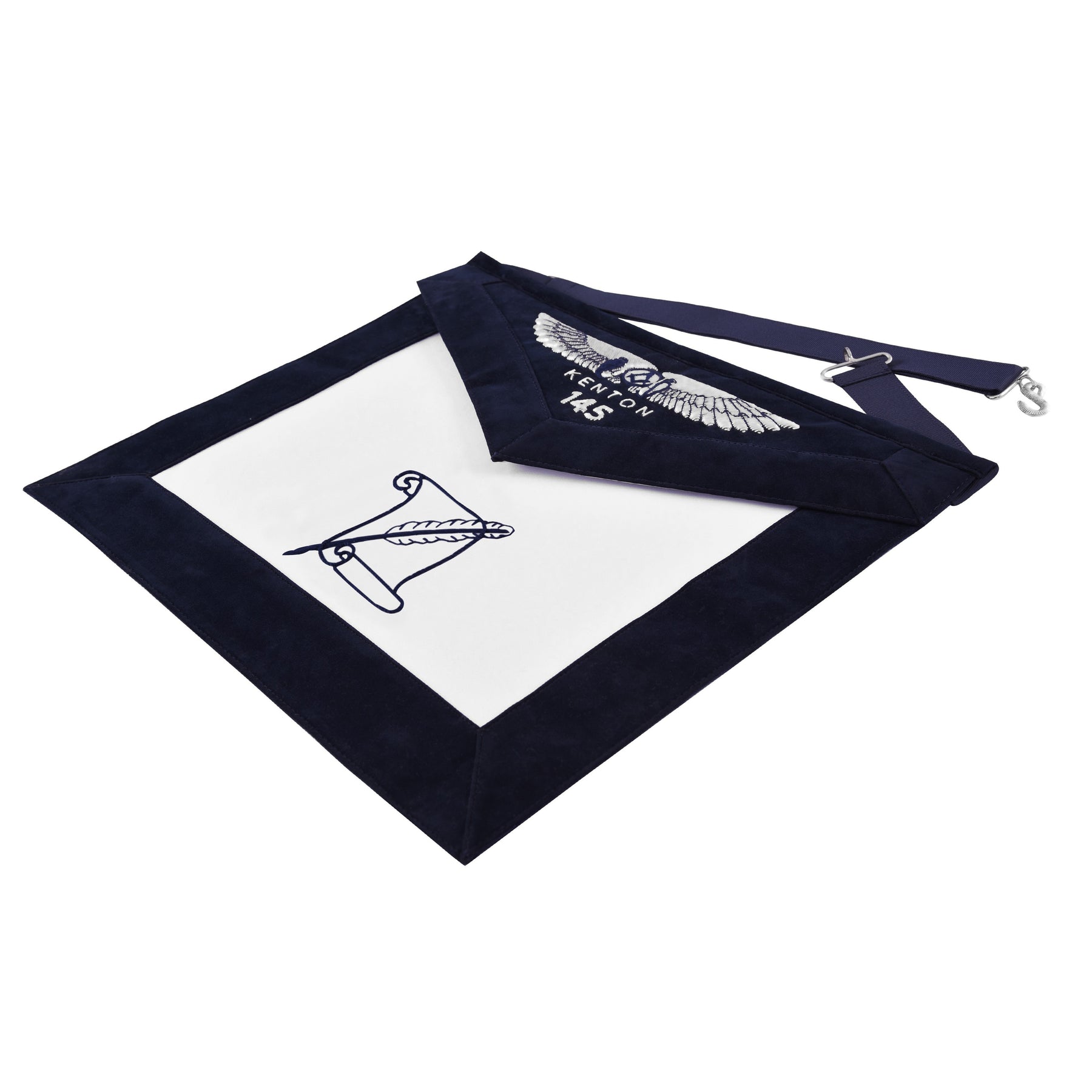 Historian Blue Lodge Officer Apron - Kenton Lodge Navy Velvet With Silver Embroidery Thread - Bricks Masons
