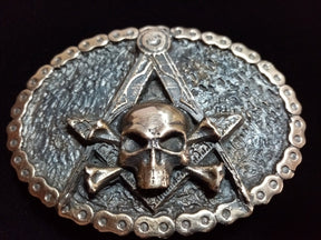 Widows Sons Belt Buckle - Handcrafted Bronze Square & Compass With Skull & Bones - Bricks Masons