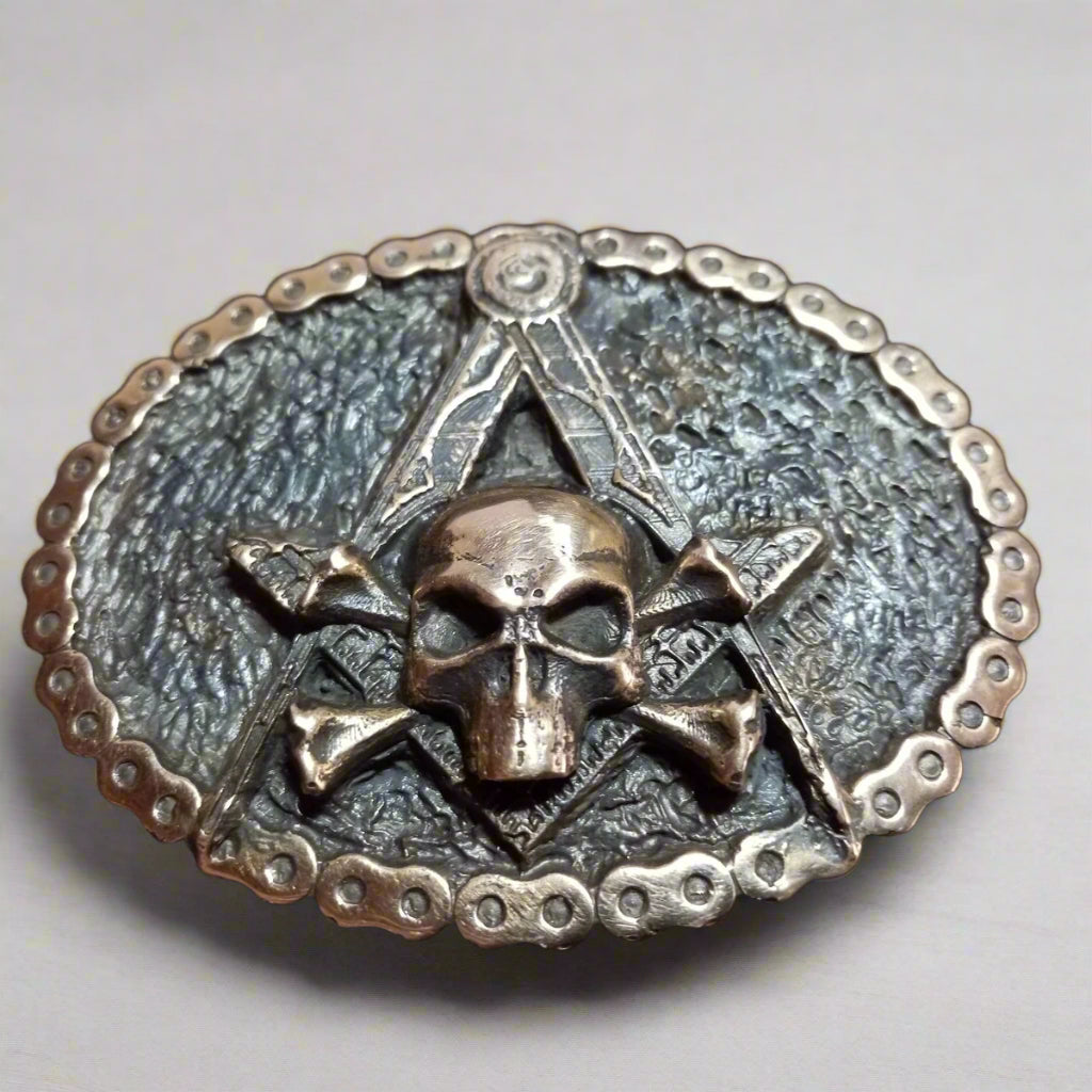 Widows Sons Belt Buckle - Handcrafted Bronze Square & Compass With Skull & Bones - Bricks Masons