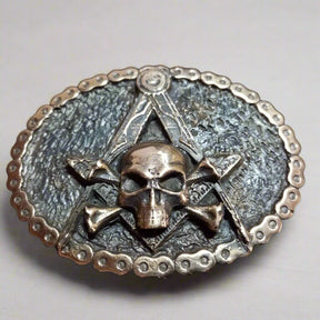Widows Sons Belt Buckle - Handcrafted Bronze Square & Compass With Skull & Bones - Bricks Masons
