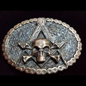 Widows Sons Belt Buckle - Handcrafted Bronze Square & Compass With Skull & Bones - Bricks Masons