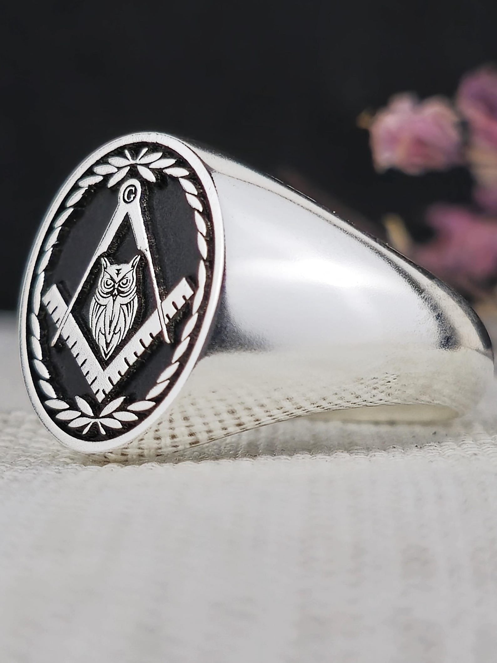 Master Mason Blue Lodge Ring - Silver & Black Owl With S & C - Bricks Masons