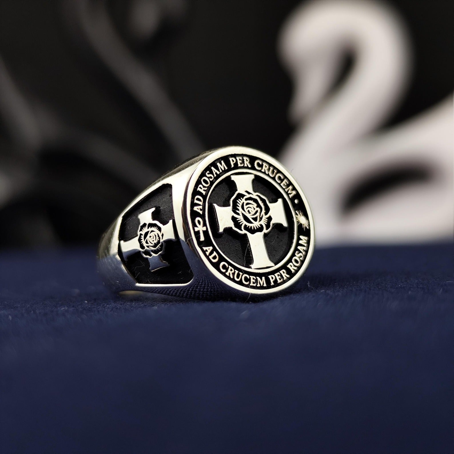 18th Degree Rose Croix Scottish Rite Ring - Blooming Rose & Latin Motto - Bricks Masons