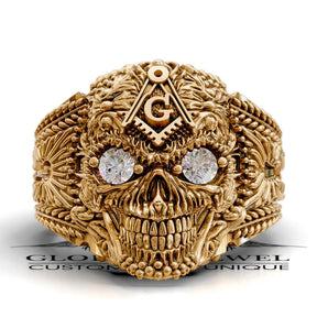 Master Mason Blue Lodge Ring - Skull With Stones S & C - Bricks Masons