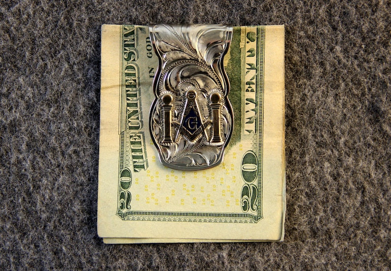 Master Mason Blue Lodge Money Clip - Nickel Gold Tones & Blue Square & Compass G