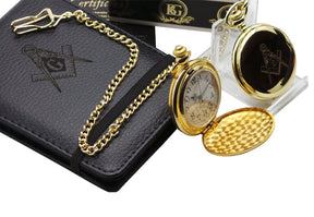 Master Mason Blue Lodge Pocket Watch - 24k Clad Gold & Grain Notebook Gift Set Custom Engraving - Bricks Masons