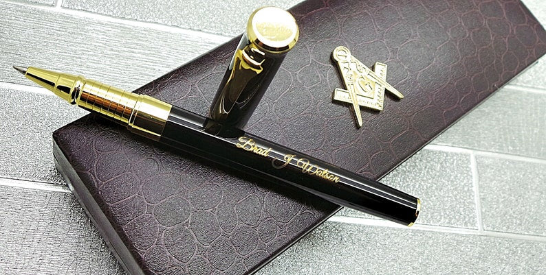 Master Mason Blue Lodge Pen - 24k Gold Clad Engraved Black Ink