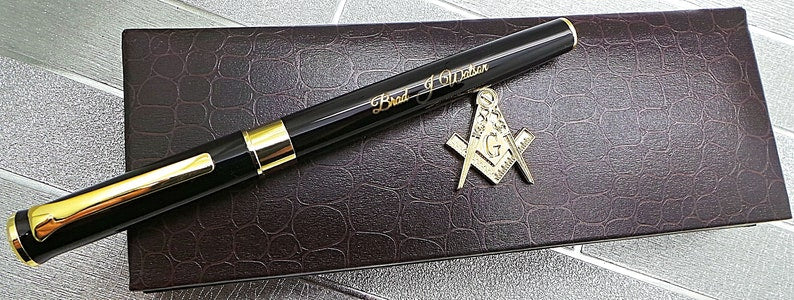 Master Mason Blue Lodge Pen - 24k Gold Clad Engraved Black Ink