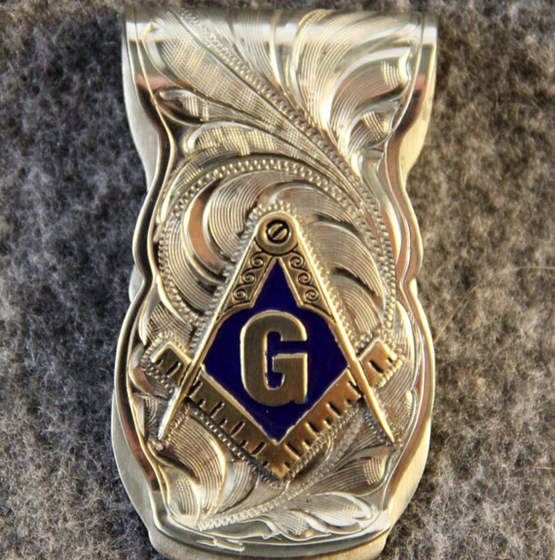 Master Mason Blue Lodge Money Clip - Nickel Gold Tones & Blue Square & Compass G