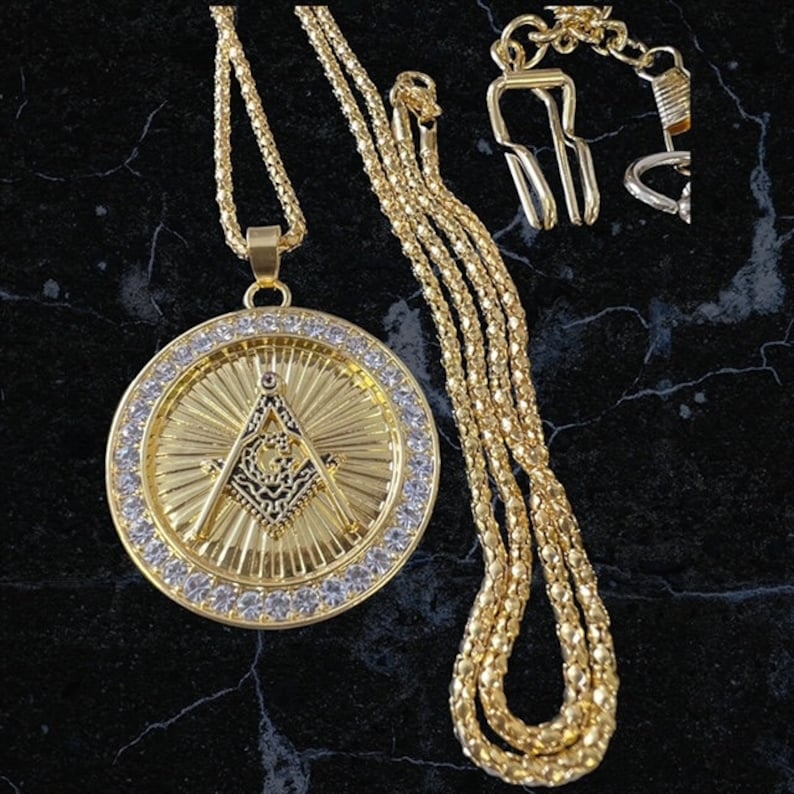 Master Mason Blue Lodge Pocket Watch - 24k Gold Clad 3 Piece Set Engraved - Bricks Masons