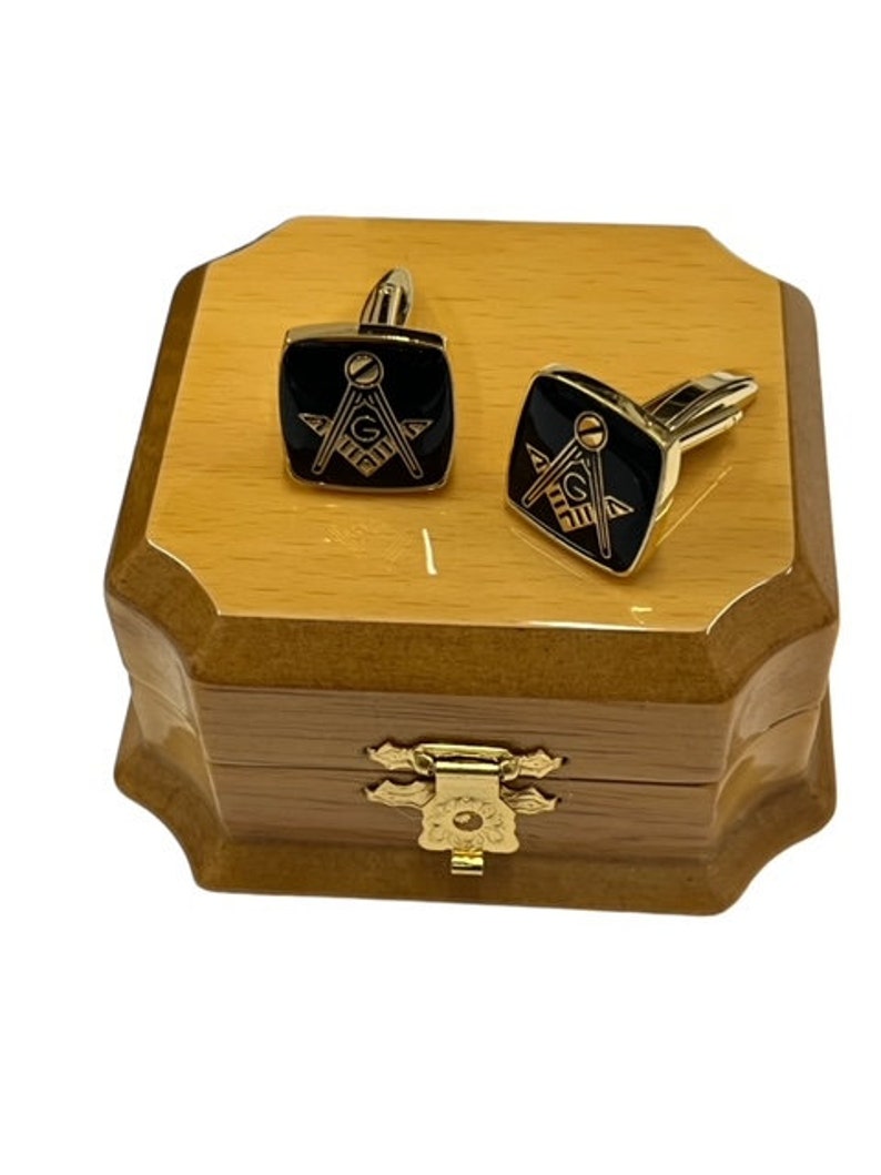 Master Mason Blue Lodge Cufflinks - 24k Gold Clad Wooden Set Case - Bricks Masons