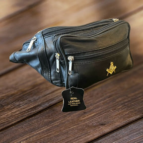 Master Mason Blue Lodge Waist Bag - Genuine Leather 24k Gold Clad Emblem