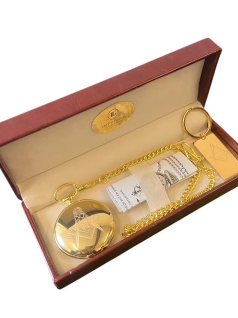Master Mason Blue Lodge Pocket Watch - 24k Gold Clad Keyring Luxury Gift Set - Bricks Masons