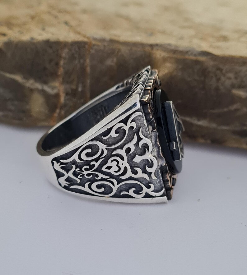 Master Mason Blue Lodge Ring - Handmade Sterling Silver Onyx - Bricks Masons