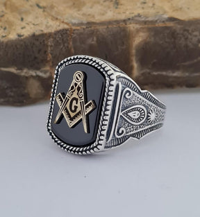 Master Mason Blue Lodge Ring - Handmade Sterling Silver Onyx - Bricks Masons