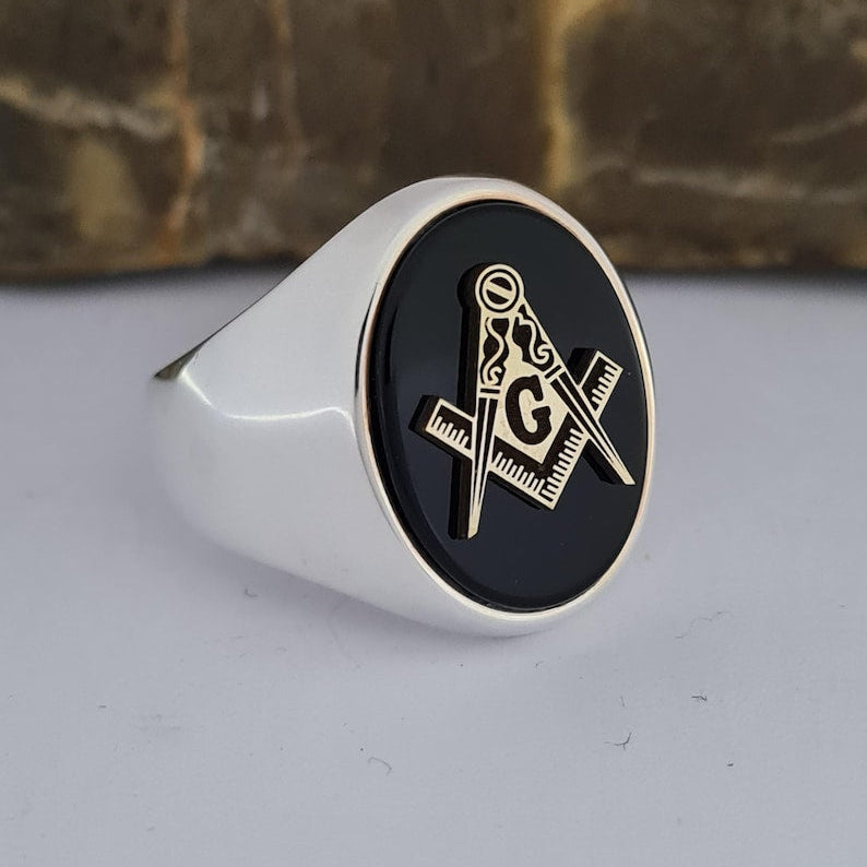Master Mason Blue Lodge Ring - Handmade Sterling Silver Onyx - Bricks Masons