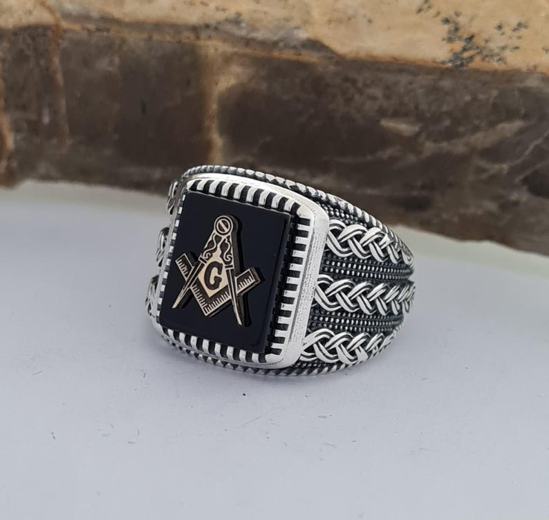Master Mason Blue Lodge Ring - Handmade Sterling Silver Onyx - Bricks Masons