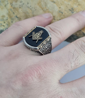 Master Mason Blue Lodge Ring - Handmade Sterling Silver Onyx - Bricks Masons