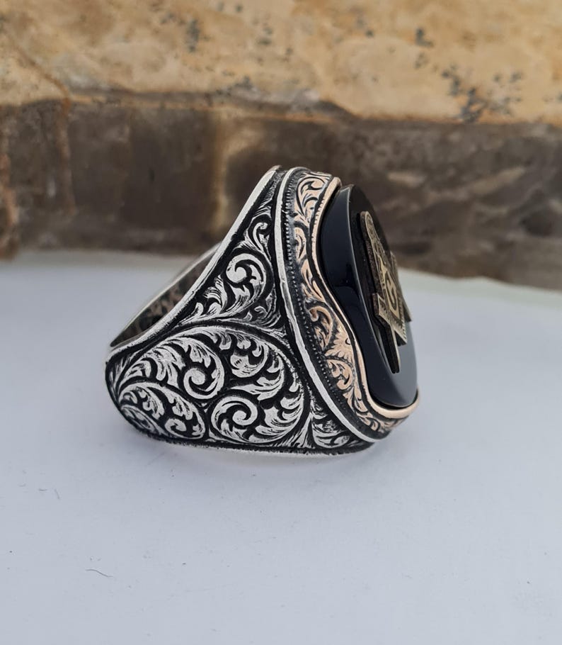 Master Mason Blue Lodge Ring - Handmade Sterling Silver Onyx - Bricks Masons